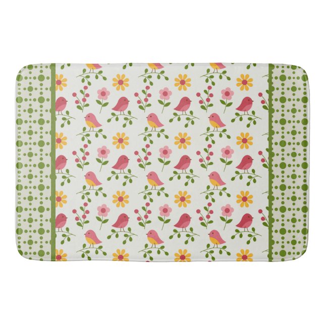 Retro Pink Spring Birds Panel  Bath Mat (Front)