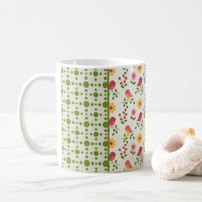 Retro Pink Spring Birds Panel  Coffee Mug (With Donut)