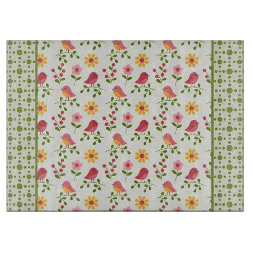 Retro Pink Spring Birds Panel  Cutting Board