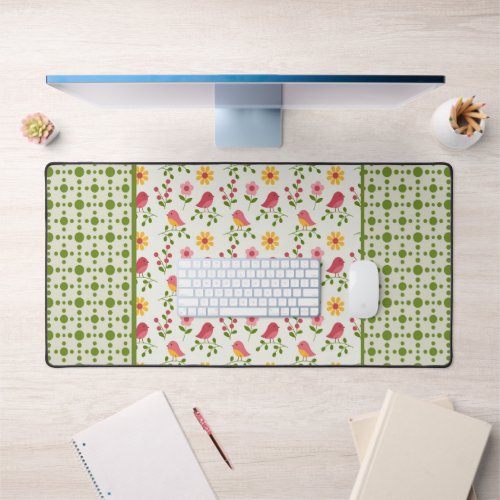 Retro Pink Spring Birds Panel  Desk Mat