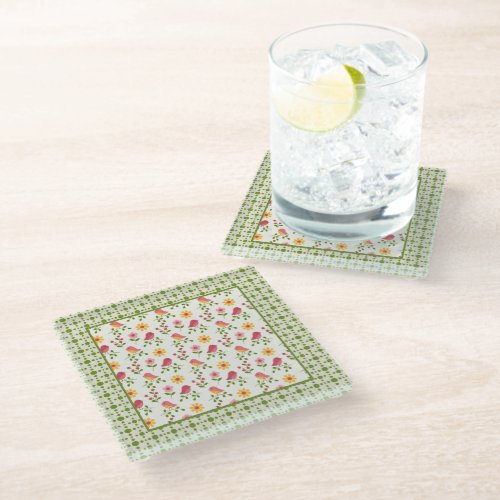 Retro Pink Spring Birds Panel   Glass Coaster