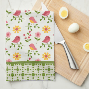 Retro Pink Spring Birds Panel Kitchen Towel