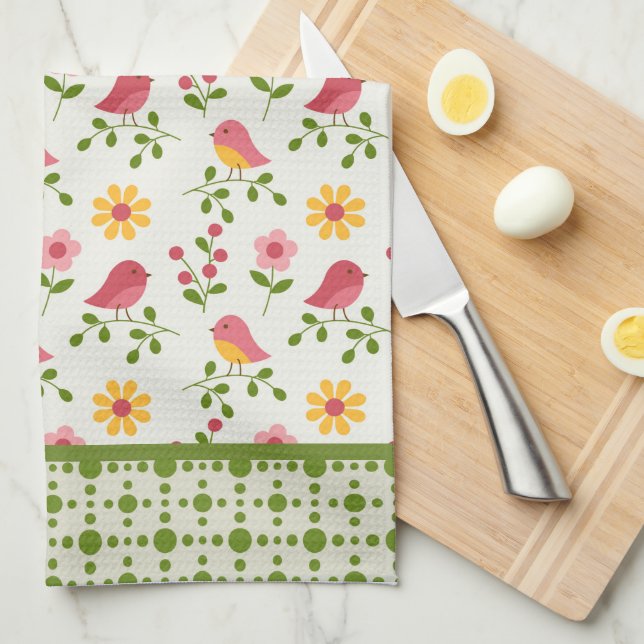 Retro Pink Spring Birds Panel  Kitchen Towel (Quarter Fold)
