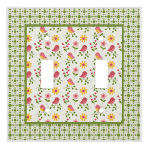 Retro Pink Spring Birds Panel Light Switch Cover