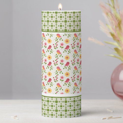 Retro Pink Spring Birds Panel Pillar Candle