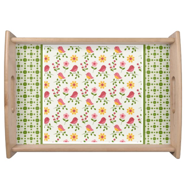 Retro Pink Spring Birds Panel  Serving Tray (Front)