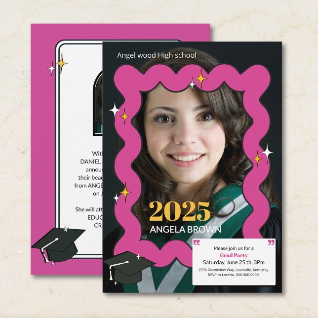 Retro Pink Squiggle Photo Graduation Invitation  (Creator Uploaded)
