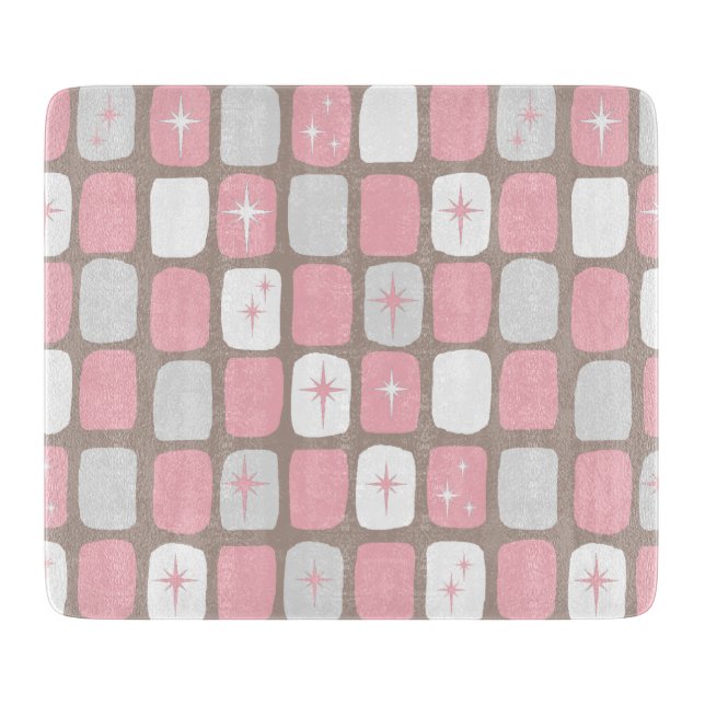 Retro Pink Starbursts Glass Cutting Board (Front)