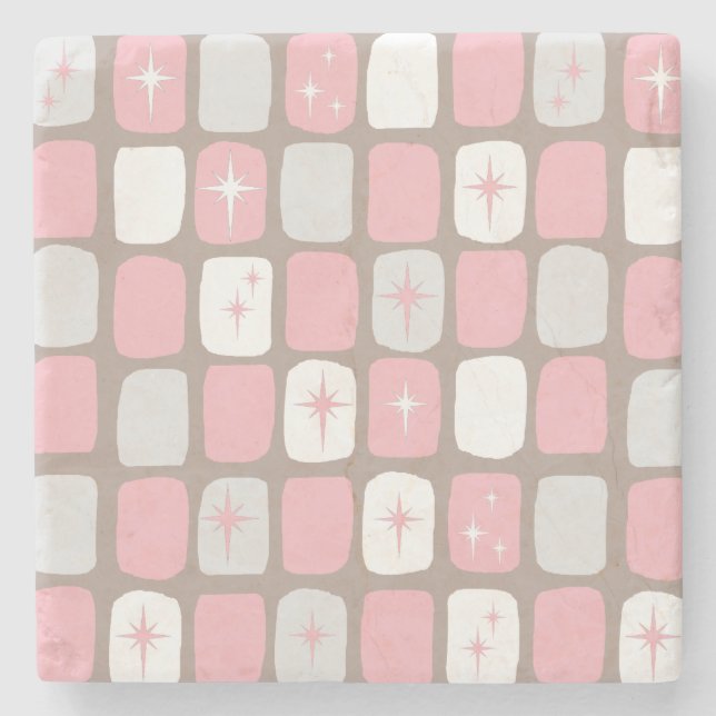 Retro Pink Starbursts Marble Stone Coaster (Front)