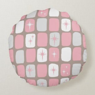 Retro Pink Starbursts Round Pillow
