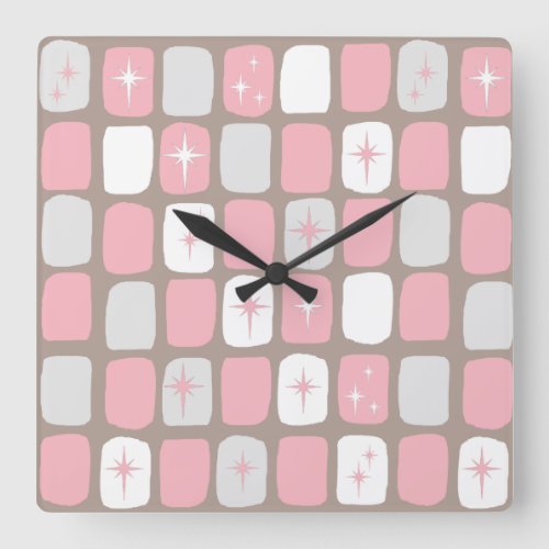 Retro Pink Starbursts Square Wall Clock