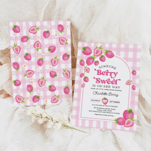Retro Pink Strawberry Berry Sweet Baby Girl Shower Invitation
