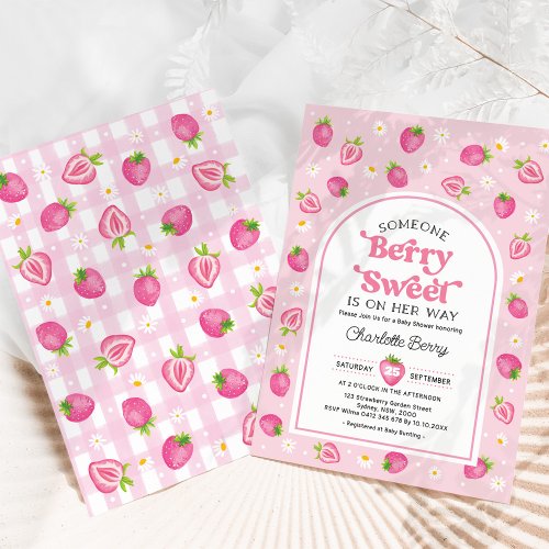 Retro Pink Strawberry Berry Sweet Girl Baby Shower Invitation