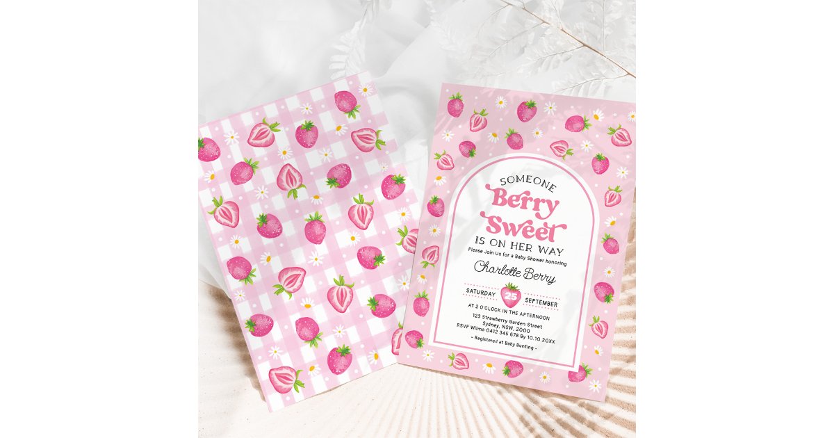 Retro Pink Strawberry Berry Sweet Girl Baby Shower Invitation | Zazzle