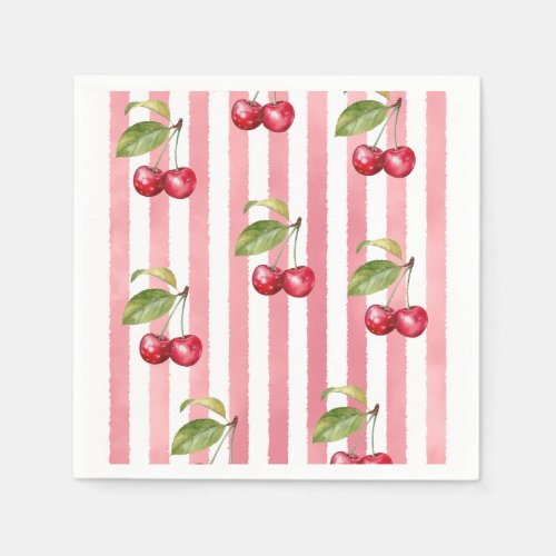 Retro Pink Stripe Cherry on Top Baby Shower Napkins