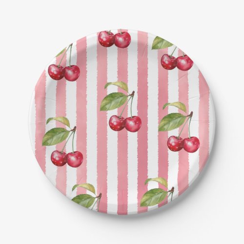 Retro Pink Stripe Cherry on Top Baby Shower Paper Plates