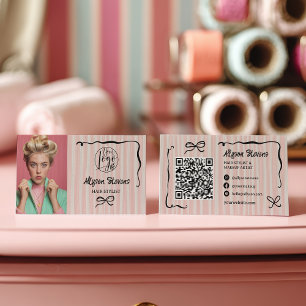 Retro Pink Striped Quirky Hair photo qr code Logo Business Card