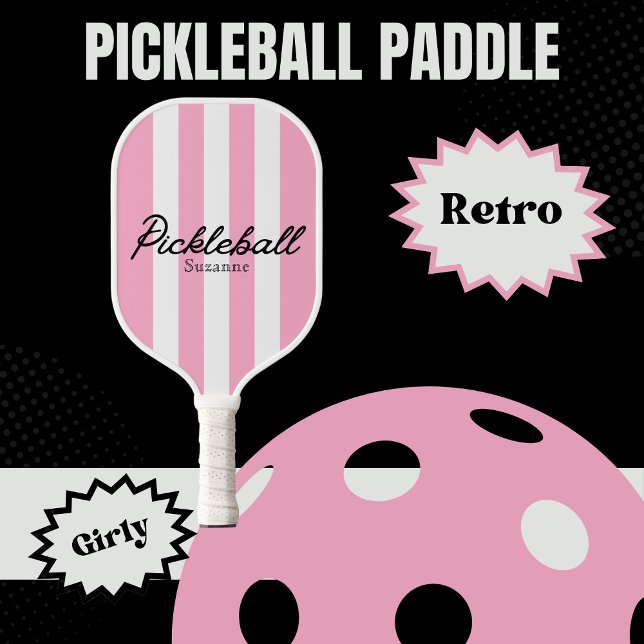 RETRO Pink Stripes and Flowers Name Pickleball Paddle (Personalized Girly Retro Pink Pickleball Paddle)