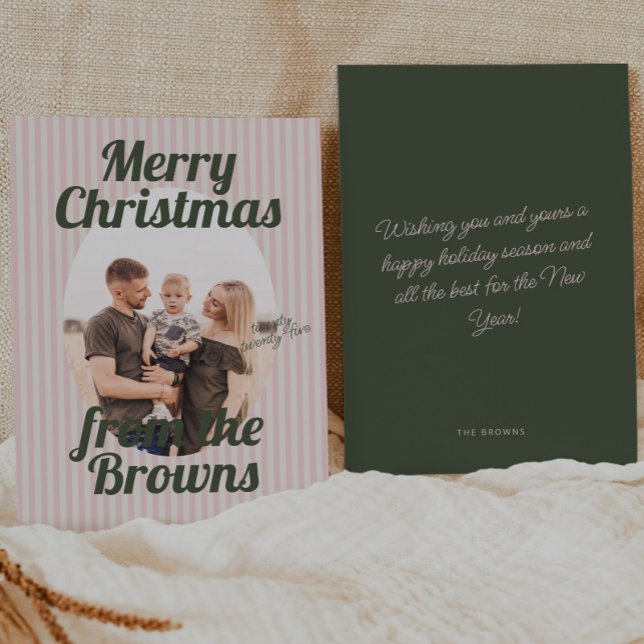 Retro Pink Stripes Boho Oval Photo Christmas Holiday Card (Creator Uploaded)