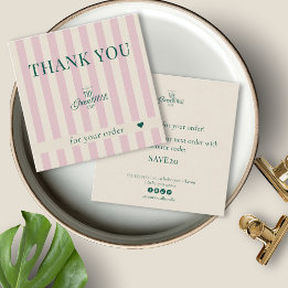 Retro Pink Stripes Green Bakery Logo Thank You Square Business Card