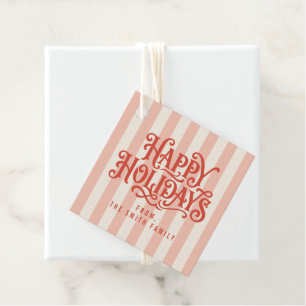 Retro Pink Stripes Happy Holidays Favor Tags