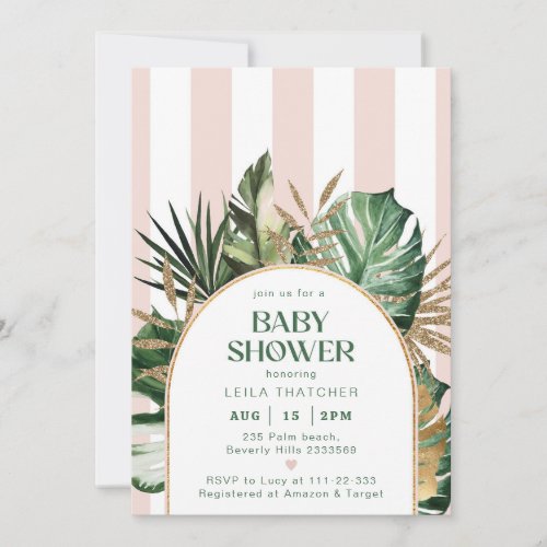Retro pink stripes palm beach baby shower invitation