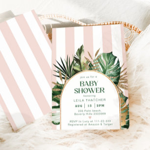 Retro pink stripes palm beach baby shower invitation
