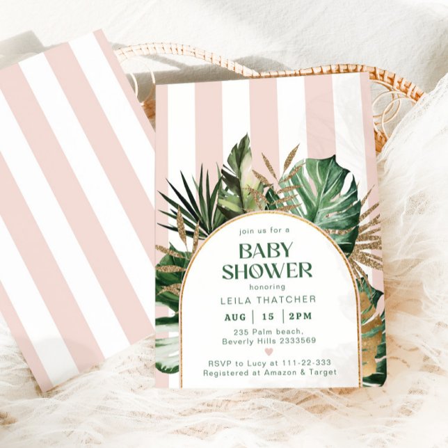 Retro pink stripes palm beach baby shower invitation (Creator Uploaded)