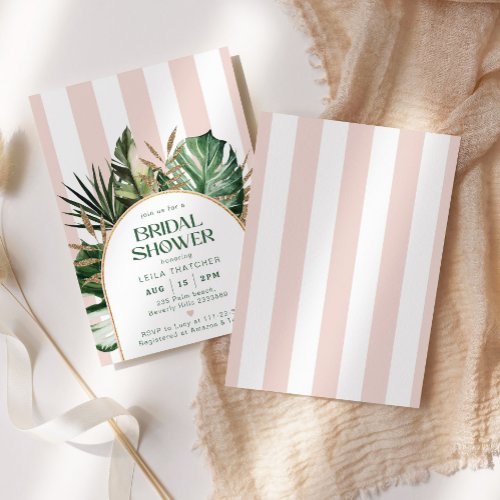 Retro pink stripes palm beach bridal shower invitation