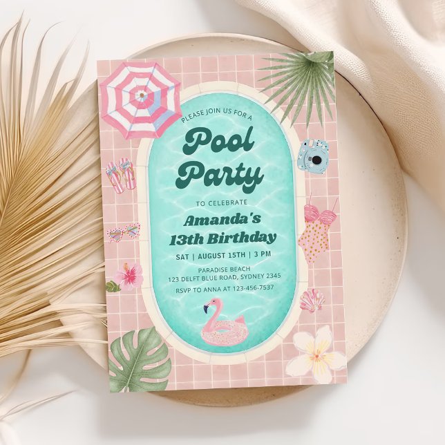 Retro Pink Summer Pool Party Birthday Invitation (Creator Uploaded)