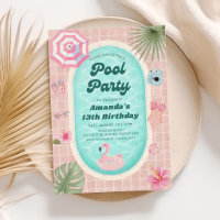 Retro Pink Summer Pool Party Birthday Invitation