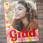 Retro pink sunburst graduation year photo graduate jigsaw puzzle<br><div class="desc">Graduation jig saw puzzle featuring your photo and the text "grad" and your year on a pink and yellow sunburst background with red,  retro stars.</div>
