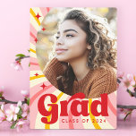 Retro pink sunburst graduation year photo graduate plaque<br><div class="desc">Graduation photo plaque featuring your photo and the text "grad" and your year on a pink and yellow sunburst background with red,  retro stars.</div>