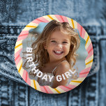 Retro pink sunburst red stars happy birthday party button<br><div class="desc">Colorful birthday pin back button badge featuring your photo and a pink and yellow sunburst with red,  retro stars. Customizable text "birthday girl" and your name.</div>