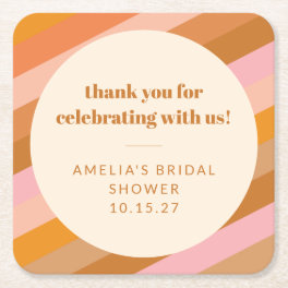 Retro Pink Sunset Stripes Custom Bridal Shower Square Paper Coaster