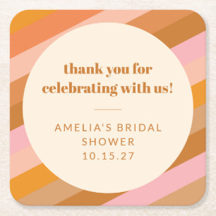 Retro Pink Sunset Stripes Custom Bridal Shower Square Paper Coaster