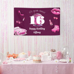 Retro Pink Sweet 16 Birthday Party Banner
