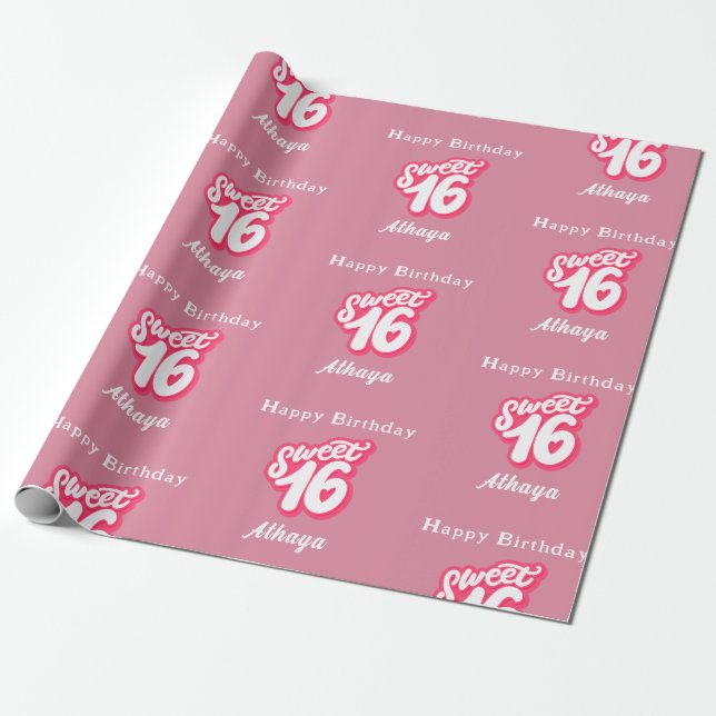Retro Pink Sweet 16th Birthday Wrapping Paper (Unrolled)