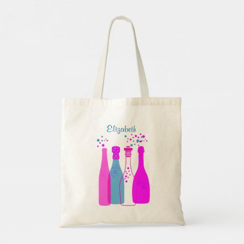 Retro Pink Teal Champagne Bubbly Cute Personalized Tote Bag