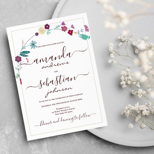 Retro pink teal red gold floral wedding invitation