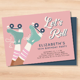 Retro Pink Teal Roller Skating Birthday Party Invitation