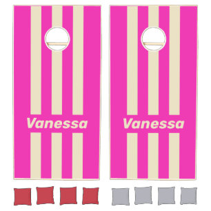 Retro Pink Three Pin Striped with Name Cornhole Set