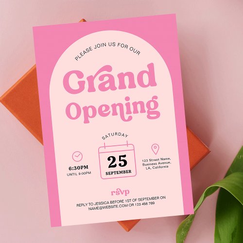 Retro Pink Trendy Arch New Business Grand Opening Invitation