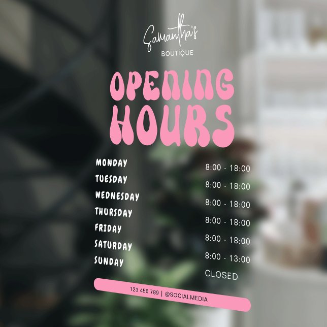 Retro Pink Trendy Beauty Salon Shop Opening Hours Window Cling (Creator Uploaded)