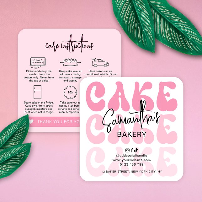 Retro Pink Trendy Girly Cake Care Instructions Square Business Card (Trendy pink cake care instructions cards with retro fonts and care icons)