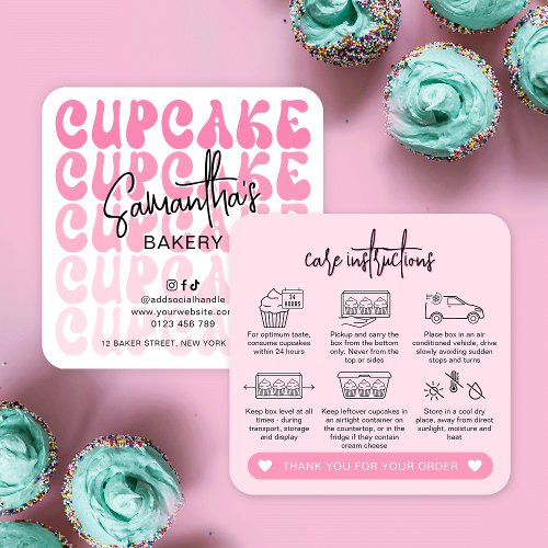 Retro Pink Trendy Girly Cupcakes Care Instructions Square Business Card