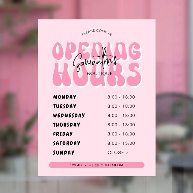 Retro Pink Trendy Spa Salon Shop Opening Times Window Cling (Creator Uploaded)