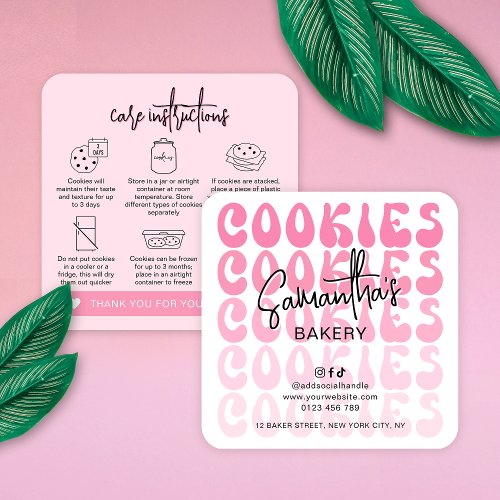 Retro Pink Trendy Sugar Cookies Care Instructions Square Business Card