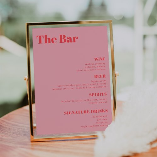 Retro Pink trendy Wedding Drinks Bar Menu  Poster