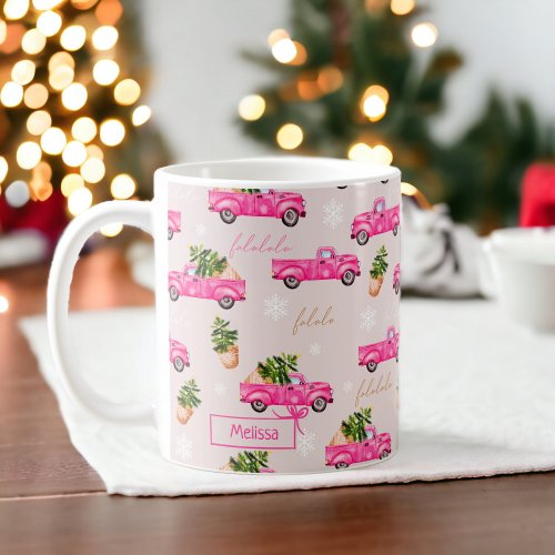 Retro pink truck Christmas illustration pattern Coffee Mug